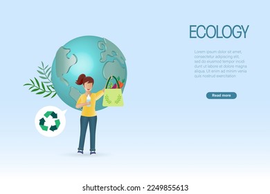 Woman holding reused cloth bag and recycle bottle. Care for planet and ecology for sustainable environment of eliminate waste and pollution. 