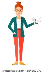 Woman holding ringing telephone.
