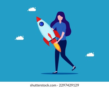 Woman holding a rocket. Starting a business. vector 