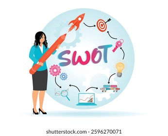 A woman holding a rocket-shaped pencil in a SWOT analysis, Surrounded by icons depicting strategies, goals, and tools in a professional and analytical environment. Flat vector illustration
