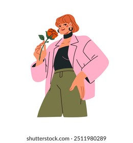 Mujer que sostiene la rosa, oliendo la planta floral hermosa. Moderna chica joven de moda disfrutando del aroma de la floración. Mujer elegante de la moda con la flor en la mano. Ilustración vectorial plana aislada sobre fondo blanco