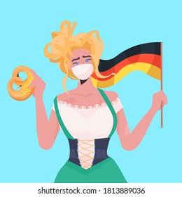 woman holding salty pretzel and flag Oktoberfest party celebration waitress wearing mask to prevent coronavirus pandemic portrait vector illustration
