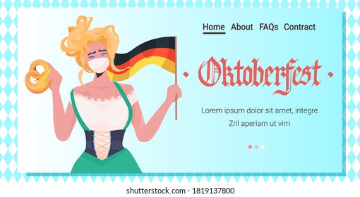 woman holding salty pretzel and flag Oktoberfest party festival celebration waitress wearing mask to prevent coronavirus pandemic portrait horizontal copy space vector illustration
