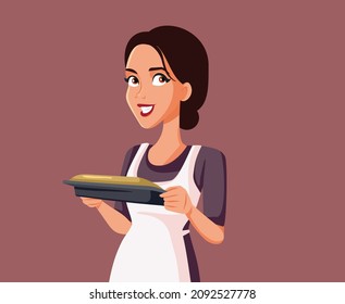 
Woman Holding a Savory Pie Vector Cartoon Illustration. Happy baker running a small business presenting and serving food
