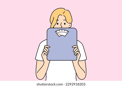 Woman holding scales in hands worried about body weight and figure. Female with weighing scales anxious about diet and weightloss. Vector illustration. 