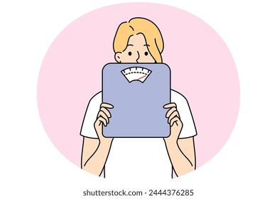 Woman holding scales in hands worried about body weight and figure. Female with weighing scales anxious about diet and weightloss. Vector illustration.