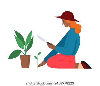 Woman holding scoop to plant green seedling in soil, girl gardening vector illustration
