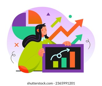 a woman is holding a screen with graphs and arrows on it