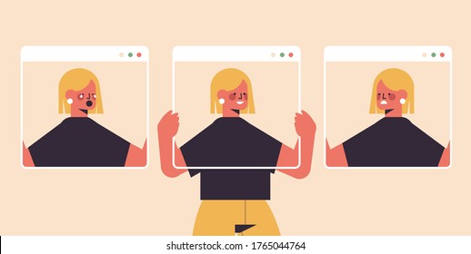 woman holding screens with different masks girl covering face emotions fake feeling depression mental disorder concept portrait horizontal vector illustration