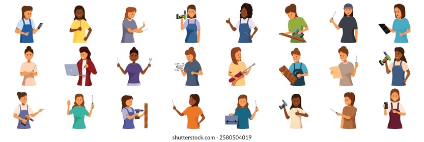  Woman holding screwdriver icons set. Multiethnic female carpenters and repairwomen using power tools, tablet, laptop and smartphone, showing thumbs up and holding different objects