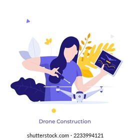 Woman holding screwdriver and tablet computer or controller and building quadrotor. Concept of drone construction, quadcopter assembling, innovative hi-tech device. Modern flat vector illustration.