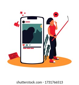 Woman holding a selfie stick beside big phone, vector illustration people with big phone