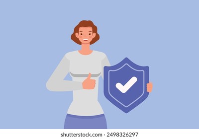 Woman holding shield for protection concept. Character vector design. Flat illustration style.