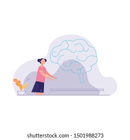 Woman Holding Shiny Brain Hologram vector illustration