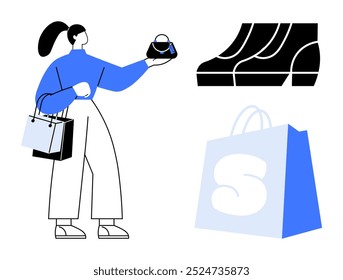 Mulher segurando um sapato com sacolas. Fundo com prateleira de sapato e saco de compras grande. Ideal para moda, varejo, comportamento do consumidor, estilo de vida moderno e compras on-line. Estilo mínimo moderno