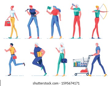 Woman Holding Shopping Bag, Boy Singing with Microphone, Old Person Drinking Water Flat Vector Illustration. Archery Sport. Female Office Worker with Case. Man Pushing Trolley or Cart with Products.