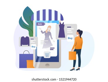 Woman holding shopping bag and looking at online store page. Buying, internet store, shopping bag. Commerce concept. Vector illustration for advertising, layout, landing page template