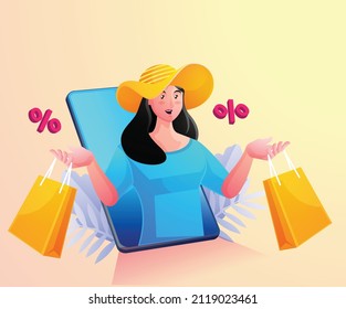 Woman holding a shopping bag in two hands. online shopping concept