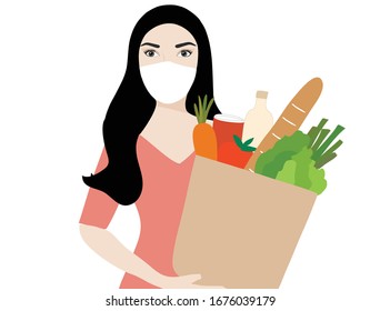 Woman holding shopping bag and wearing surgical mask to prevent -19 coronavirus disease vector illustration