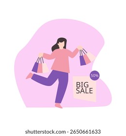 Uma mulher segurando sacolas de compras com uma etiqueta "BIG SALE" em um estilo plano e moderno. Ideal para banners de vendas, comércio eletrônico, promoções e descontos sazonais.