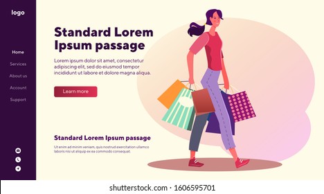 Woman holding shopping bags. Female customer carrying purchases in bags flat vector illustration. Shopping, sale advertising concept for banner, website design or landing web page