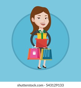 Woman holding shopping bags and gift boxes. Woman carrying shopping bags and boxes. Girl standing with a lot of shopping bags. Vector flat design illustration in the circle isolated on background.