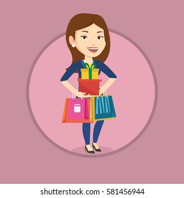 Woman holding shopping bags and gift boxes. Woman carrying shopping bags and boxes. Girl standing with a lot of shopping bags. Vector flat design illustration in the circle isolated on background.