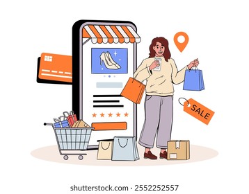 Woman holding shopping bags next to a phone screen with a cart