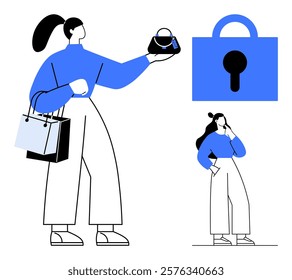 A woman holding shopping bags in one hand and a handbag in the other. A large padlock icon represents digital security. Ideal for online shopping, digital privacy, cybersecurity, e-commerce safety