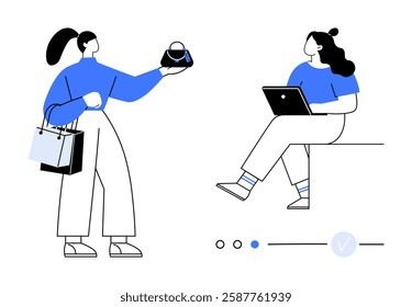 Woman holding shopping bags and purse while another woman uses laptop. Ideal for online shopping, e-commerce, marketing, digital interaction, retail, consumer behavior, business strategy. Line