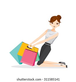 Woman holding shopping bags, sitting on floor, goods, food, beverage, beauty, lifestyle
