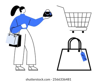 A woman holding shopping bags while inspecting a handbag, a shopping cart, and another shopping bag. Ideal for online shopping, e-commerce, retail marketing, consumer behavior, digital sales. Simple