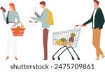 Woman holding shopping basket examining product, casual outfit. Man inspecting lettuce plastic bag, yellow backpack. Male pushing cart groceries, stylish clothing, supermarket shopping