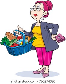 Woman holding a shopping basket full of groceries 