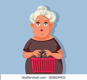 Woman Holding Shopping Basket Vector Cartoon Character. Middle-aged female customer thinking what to buy
