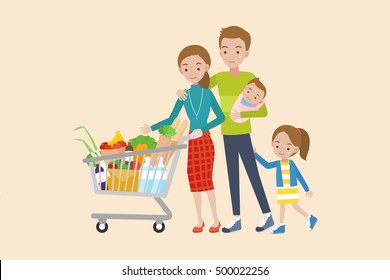 Woman holding shopping cart. Young parents, mother and father with their daughter and baby.