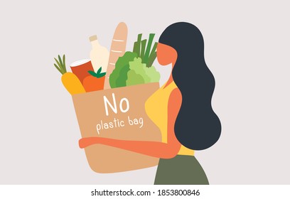 Woman holding shopping cloth bags with wording "No plastic bag" concept vector illustration