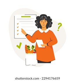 Woman holding a shopping list and searching food for her diet. Concept of dietary eating, meal planning, nutrition consultation. Vector illustration for web design, social media banner, flyer