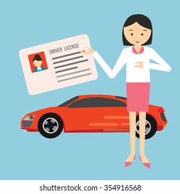 woman holding show driver driving license in front car