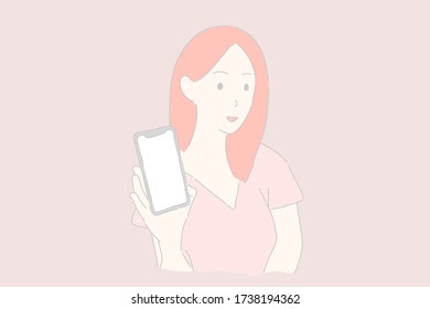 Woman holding and showing her smartphone vector.