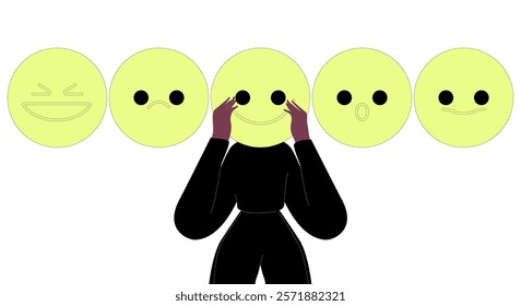 Woman holding sign of emotion expressing various emotions. Flat vector illustration isolated on white background.