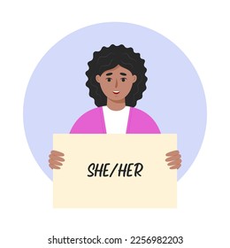 Woman holding sign with gender pronoun She. Isolated vector illustration in flat style.