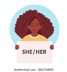 Woman holding sign with gender pronouns. She, he, they, non-binary. Gender-neutral movement. Vector illustration