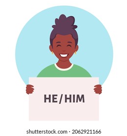 Woman holding sign with gender pronouns. She, he, they, non-binary. Gender-neutral movement. Vector illustration