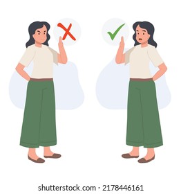 woman holding signboard, Positive and negative signs.true, false,do, don't.flat vector cartoon character illustration.