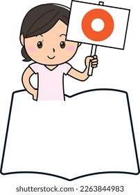 A woman holding a simple frame of books and notebooks and a correct answer placard
