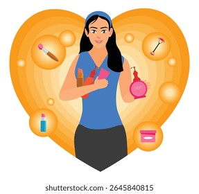 A woman holding skincare  products, symbolizing beauty and self-care. Various cosmetics and skincare items are pictured, emphasizing the importance of personal grooming. Beauty routine concept.