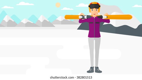 Woman holding skis.