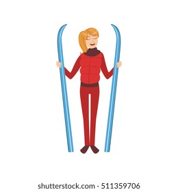 Woman Holding Skis Winter Sports Illustration