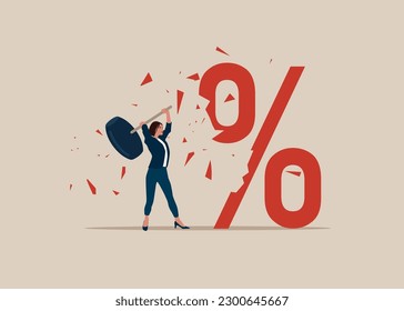 Woman holding sledgehammer hitting percentage sign. Interest downgrade hike or downgrade rate hike due to inflation. Flat vector illustration